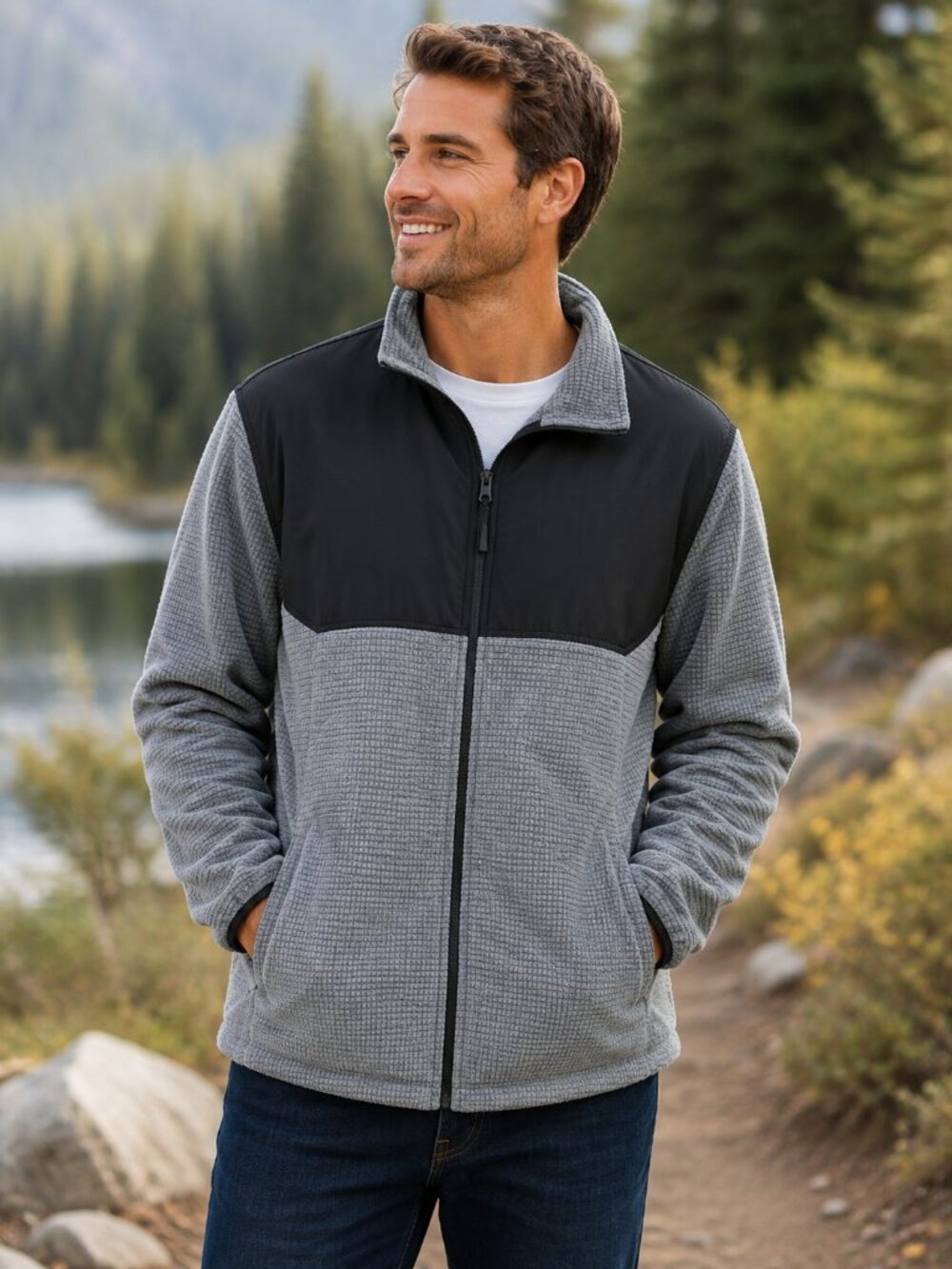 Athletic Works Men's XL 46-48 Gray Full Zip Hybrid Grid Fleece Jacket Full Zip
